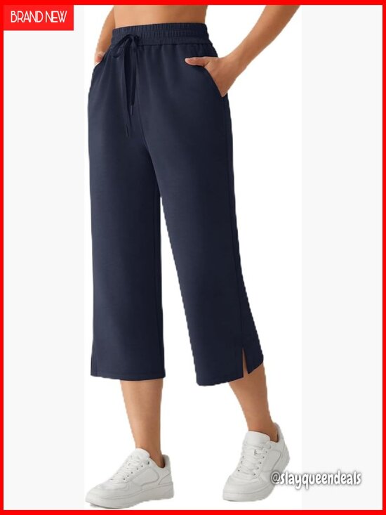 Pants - Women's Drawstring Wide Leg Capri Pants with Pockets